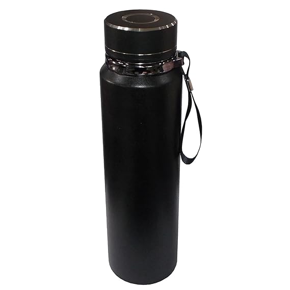 Black water bottle with a silver cap on a white background
