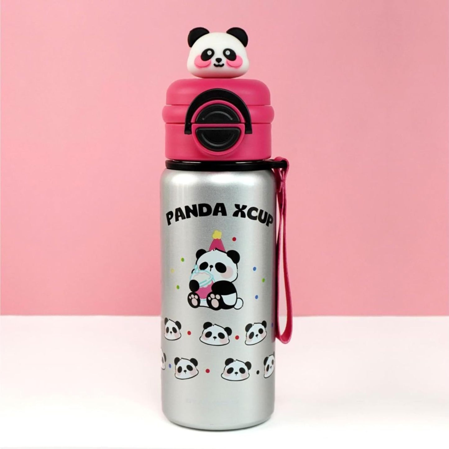 Silver water bottle with panda design and pink lid on a pink background