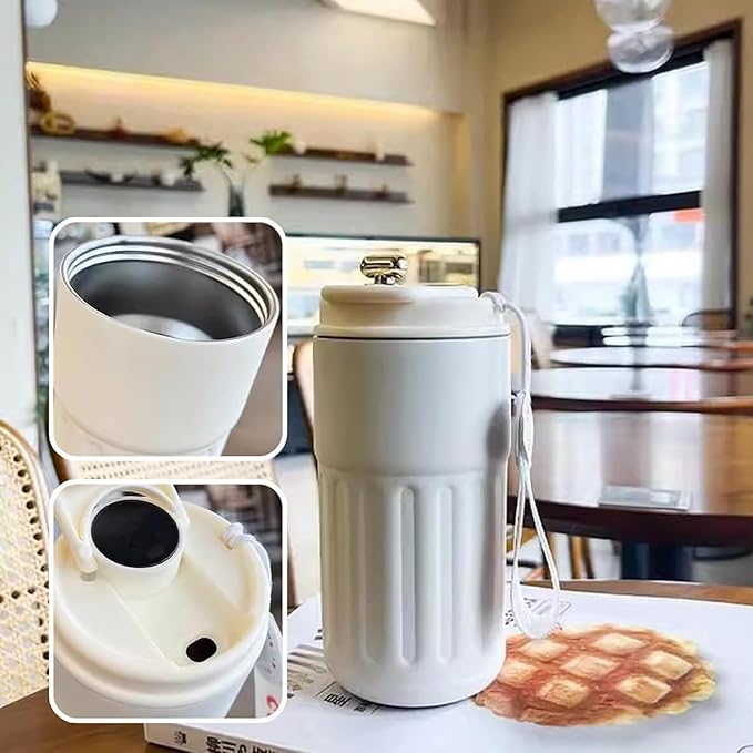 White travel mug with compartments on a table in a cafe setting