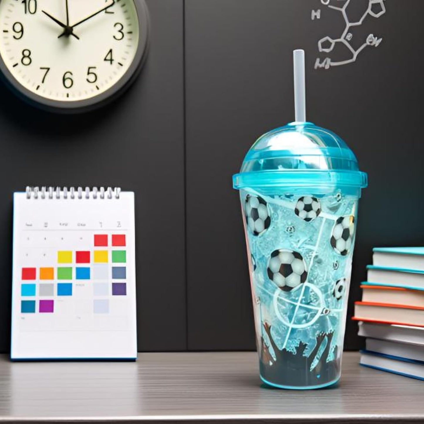Turquoise tumbler with soccer ball design on a desk with books and a calendar.