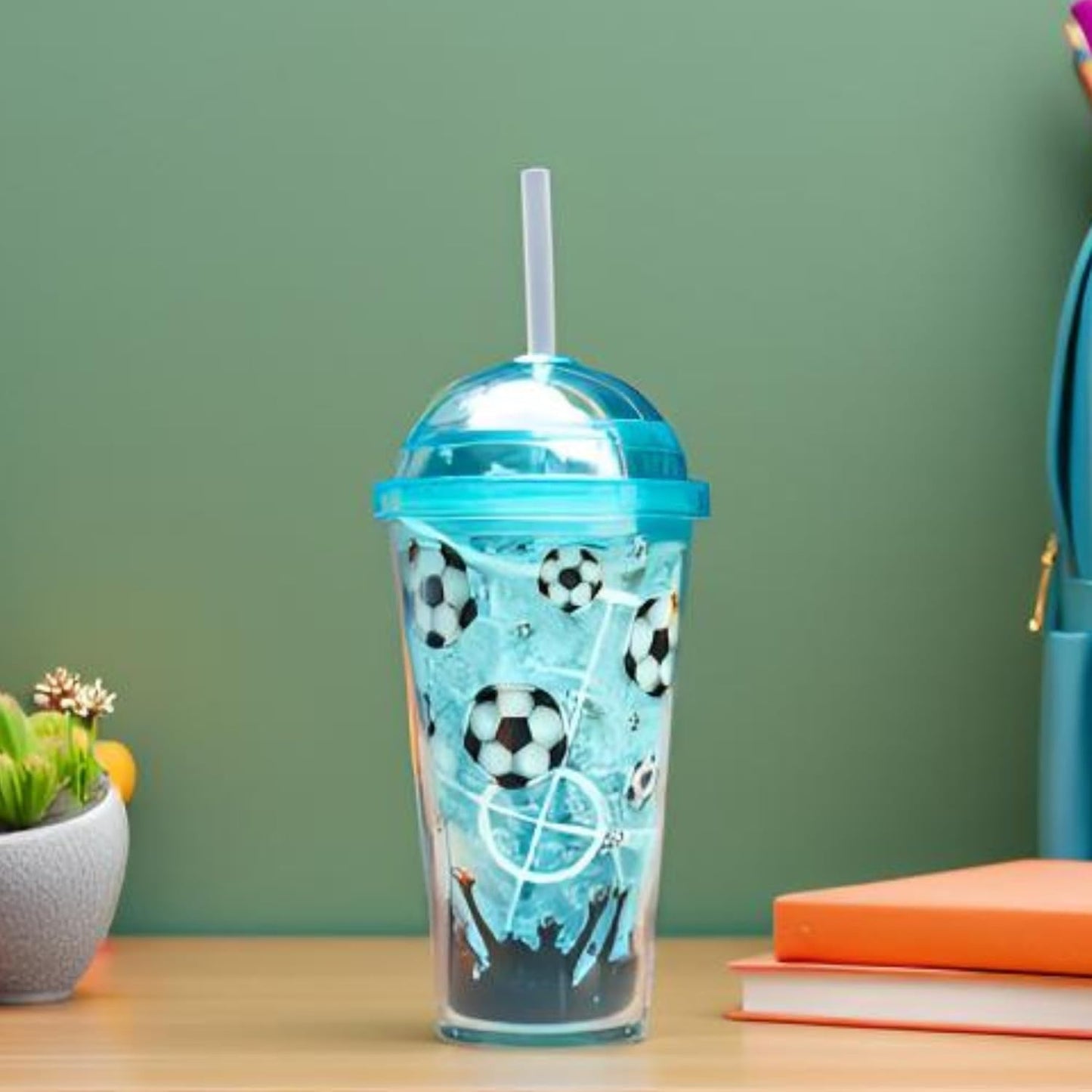Blue tumbler with soccer ball design on a wooden surface with a green background