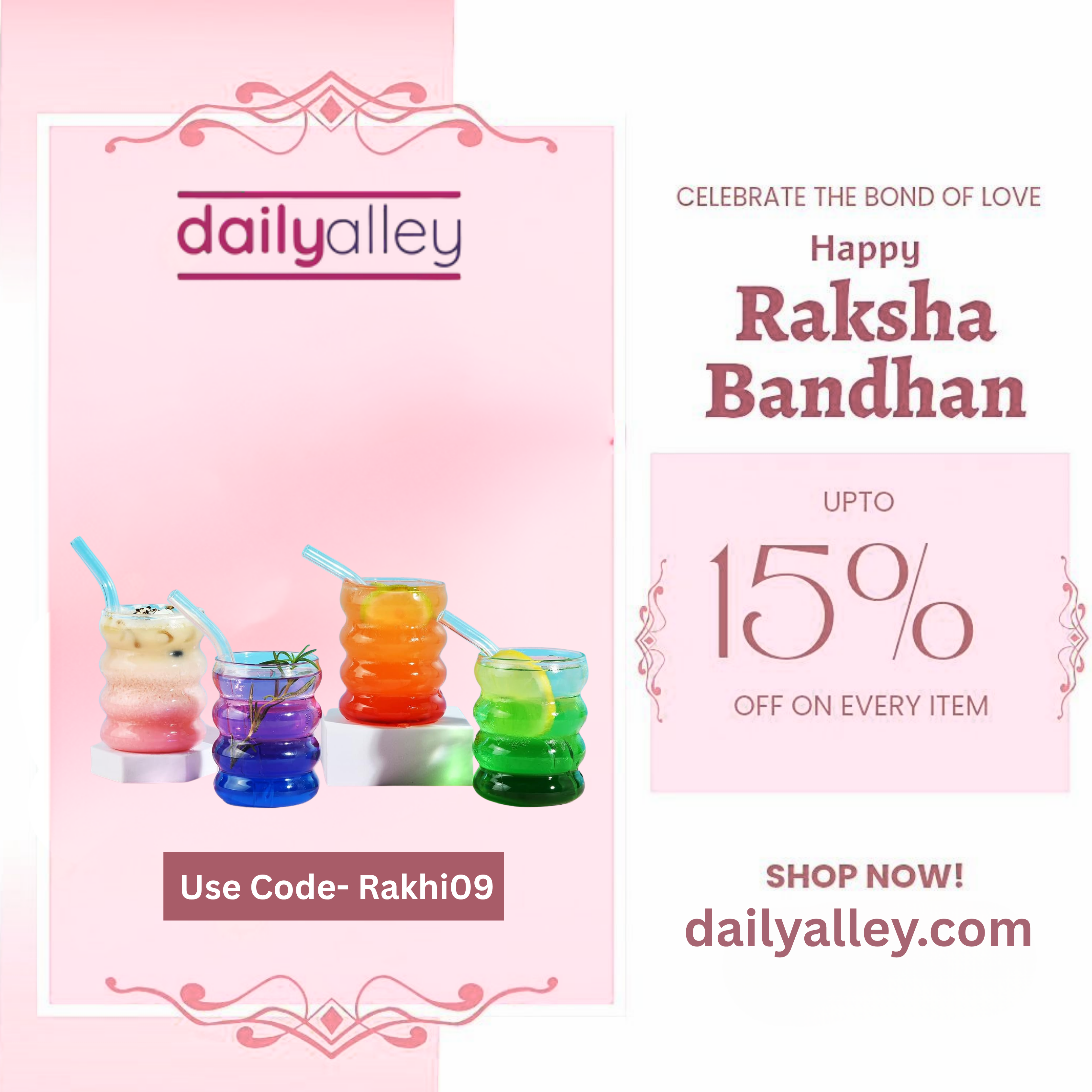 Promotional banner for daily alley with colorful tumblers and Raksha Bandhan offer on a pink background.