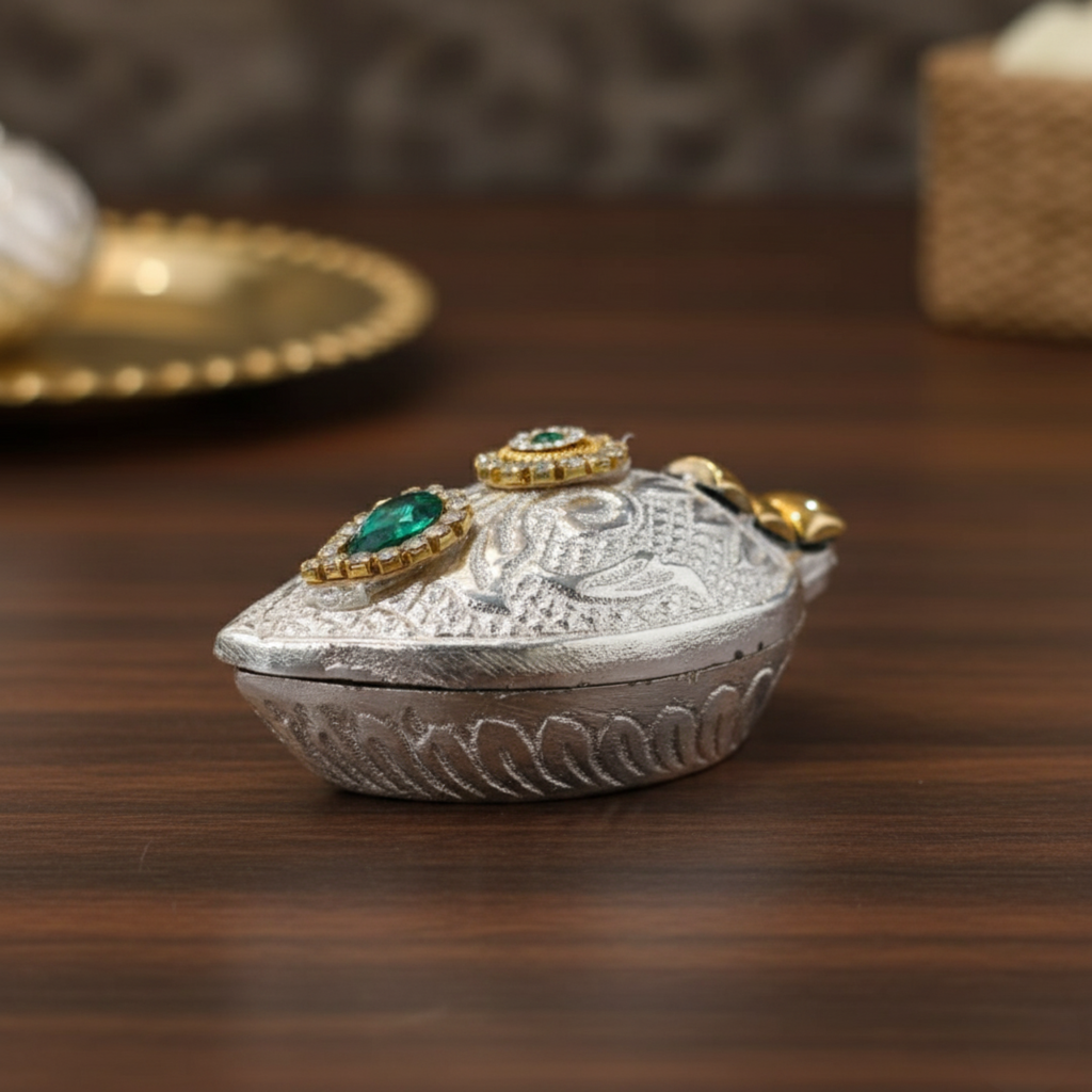 Handcrafted Shankh Sindoor Daani with Peacock Feather Applicator | Traditional Stone-Studded Pooja Item in a Premium Gift Box Dailyalley