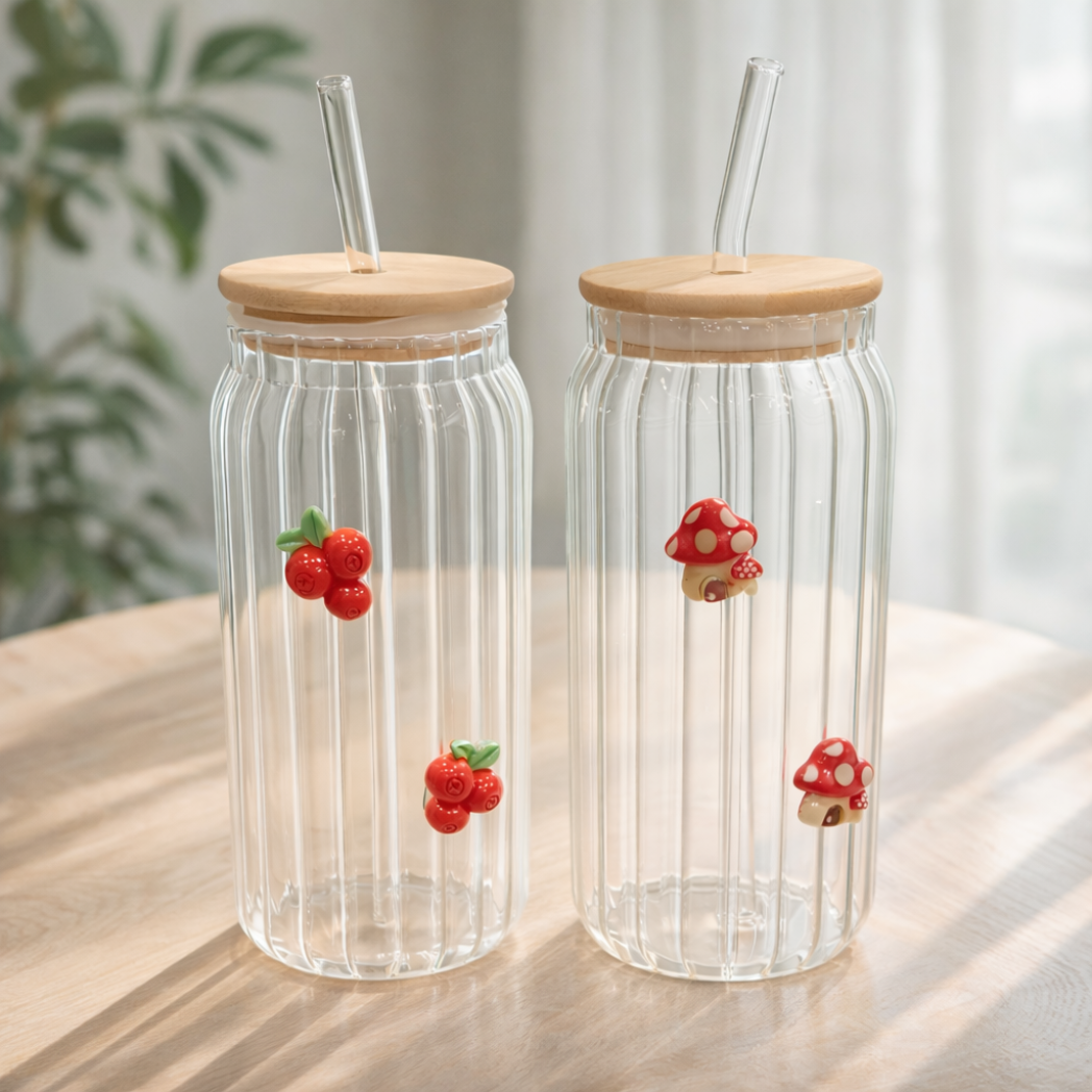 DailyAlley Ribbed Glass Tumbler with Bamboo Lid & Straw (400ml Each)