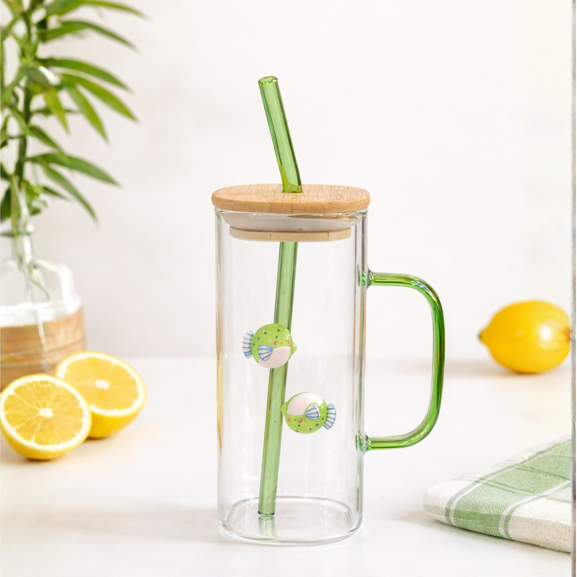 DailyAlley Cute Dolphin Charm Glass Tumbler with Handle & Straw