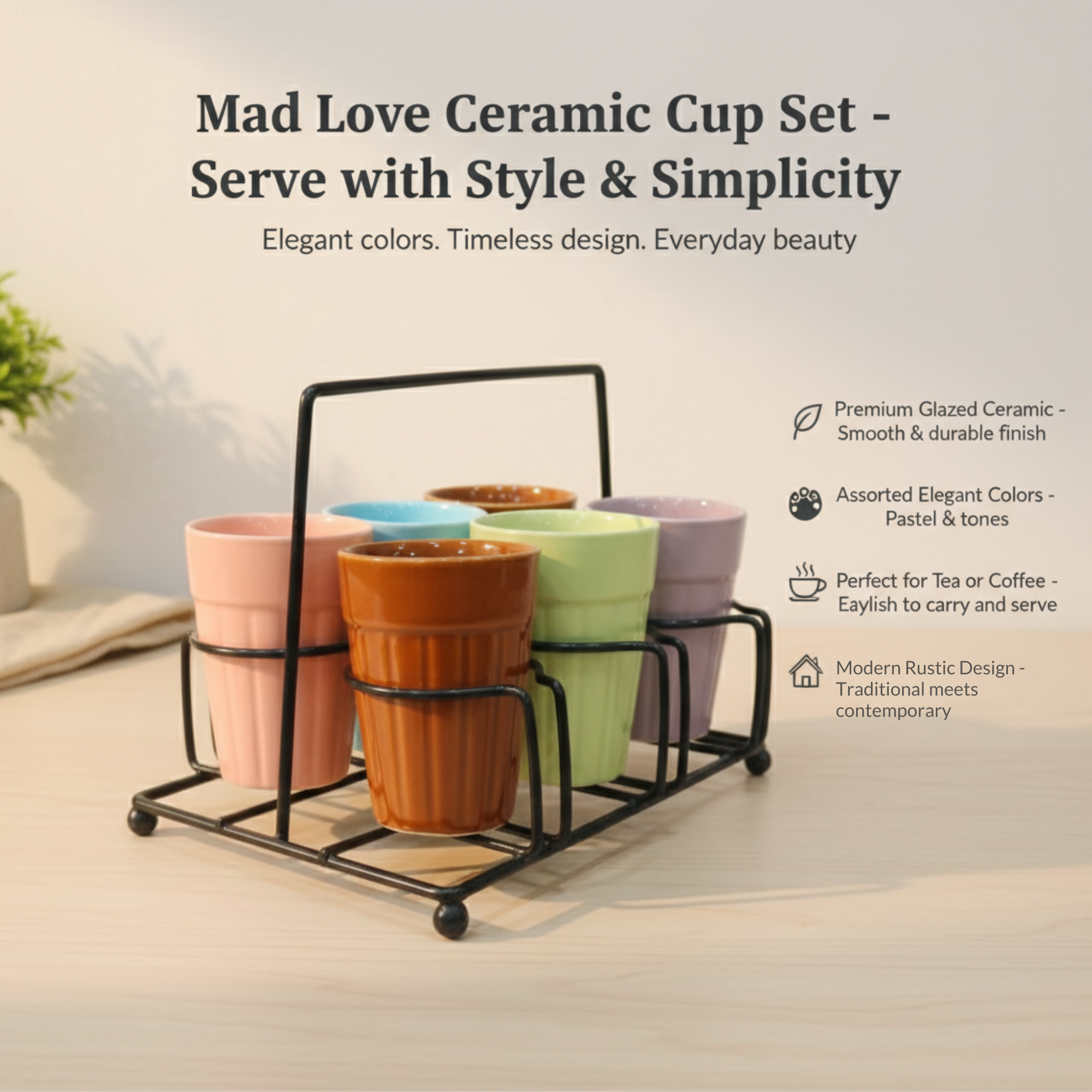 DailyAlley Cutting Chai Glasses with Stand (Set of 6) - 110ml Glass Tea Cups for Home & Office - Colorful Kulhad Chai Cup Dailyalley