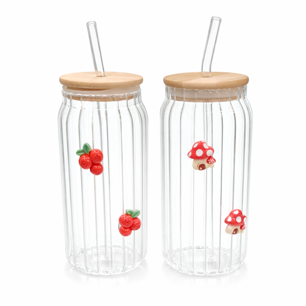 DailyAlley Ribbed Glass Tumbler with Bamboo Lid & Straw (400ml Each)