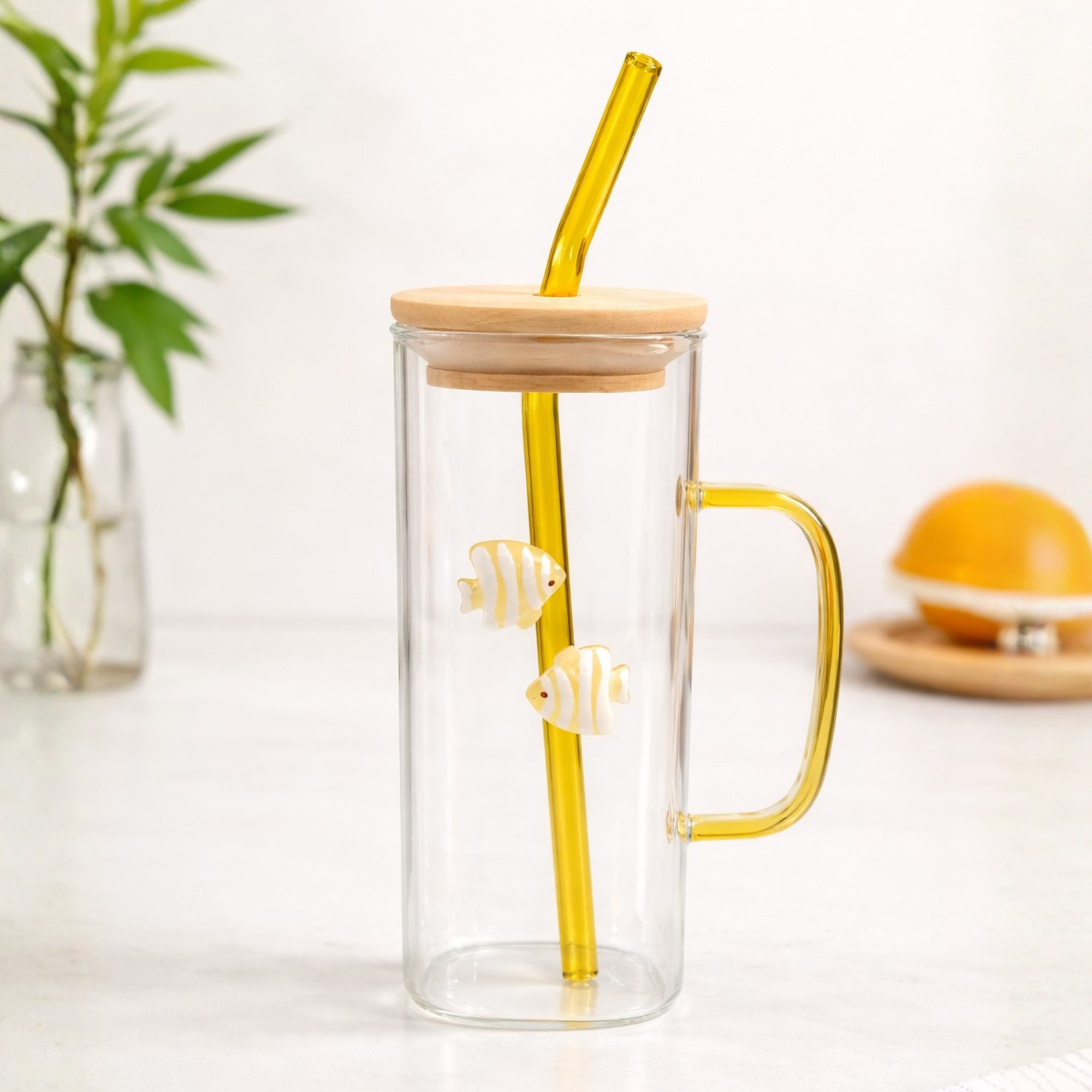 DailyAlley Cute Dolphin Charm Glass Tumbler with Handle & Straw | Borosilicate Glass Cup with Bamboo Lid for Water, Juice & Iced Coffee (Yellow)