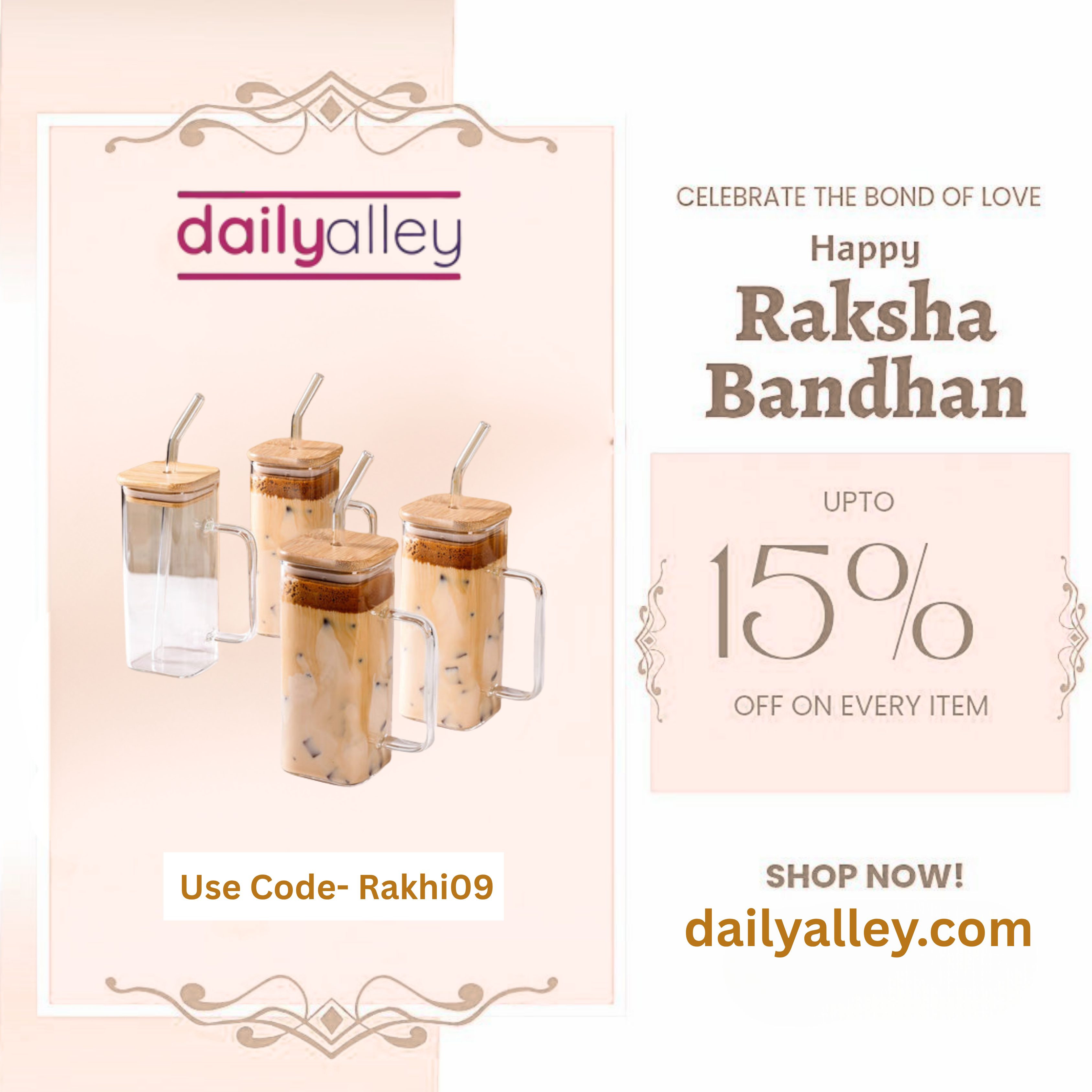 Promotional banner for daily alley with glass jars and promotional text for Raksha Bandhan.