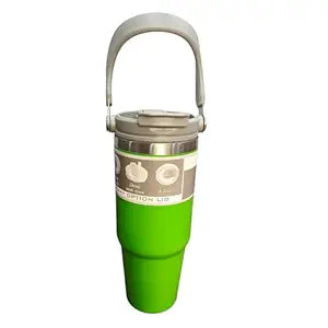 Green tumbler with a handle on a white background