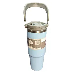 Light blue tumbler with handle on a white background