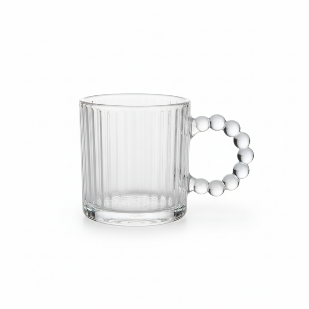 DailyAlley Set of 6 Ribbed Glass Coffee Mugs with Pearl Bead Handles for Latte, Tea & Cappuccino. Dailyalley