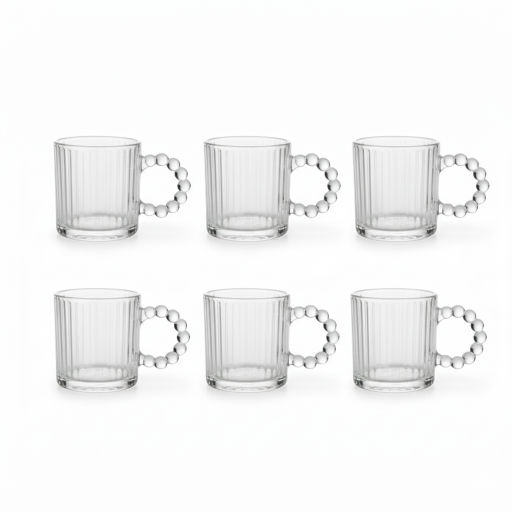 DailyAlley Set of 6 Ribbed Glass Coffee Mugs with Pearl Bead Handles for Latte, Tea & Cappuccino. Dailyalley