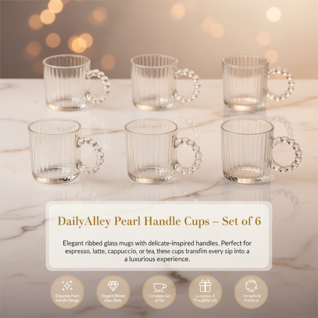 DailyAlley Set of 6 Ribbed Glass Coffee Mugs with Pearl Bead Handles f –  Dailyalley
