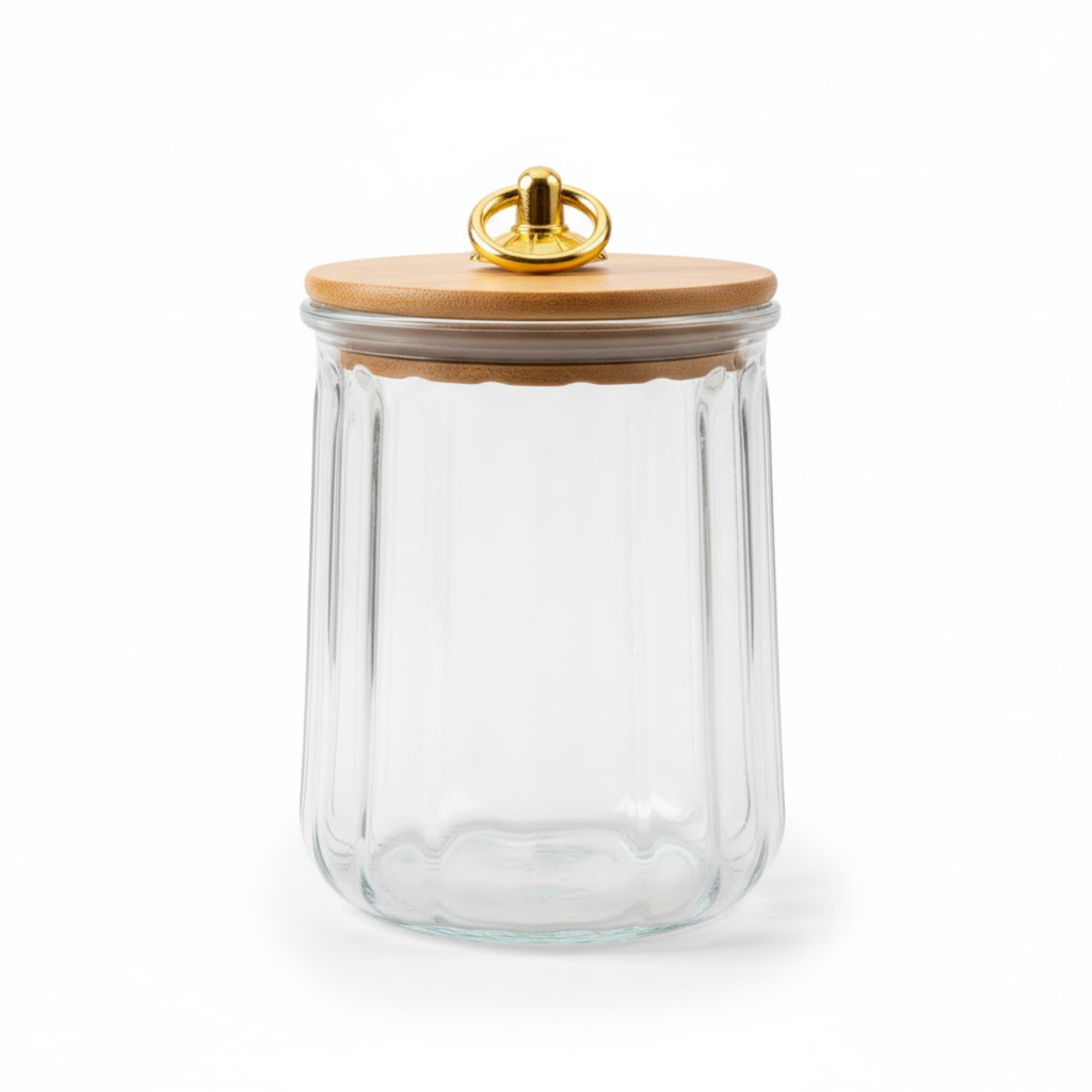 DailyAlley Glass Storage Canisters (Set of 3) | Ribbed Borosilicate Glass Jars with Airtight Bamboo Lids & Gold Handles | Kitchen Containers Dailyalley
