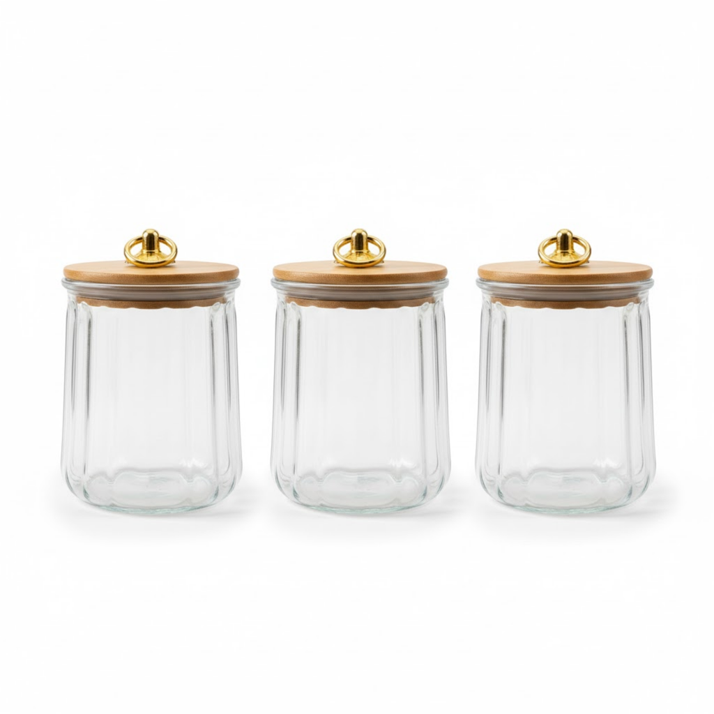 DailyAlley Glass Storage Canisters (Set of 3) | Ribbed Borosilicate Glass Jars with Airtight Bamboo Lids & Gold Handles | Kitchen Containers Dailyalley