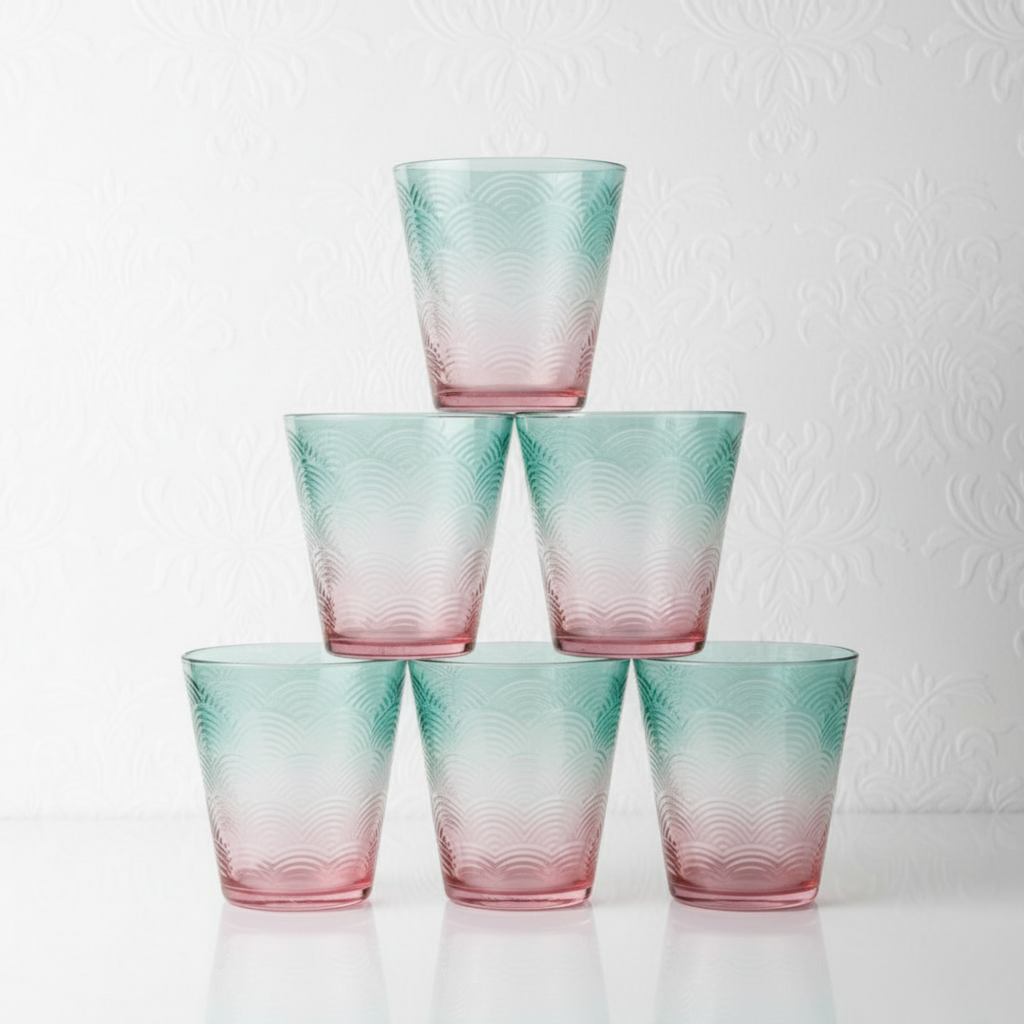 DailyAlley Ombré Wave Drinking Glasses (Set of 6) | Aesthetic Blue & Pink Tumblers for Juice & Cocktails | Textured Bar & Kitchen Glassware Dailyalley