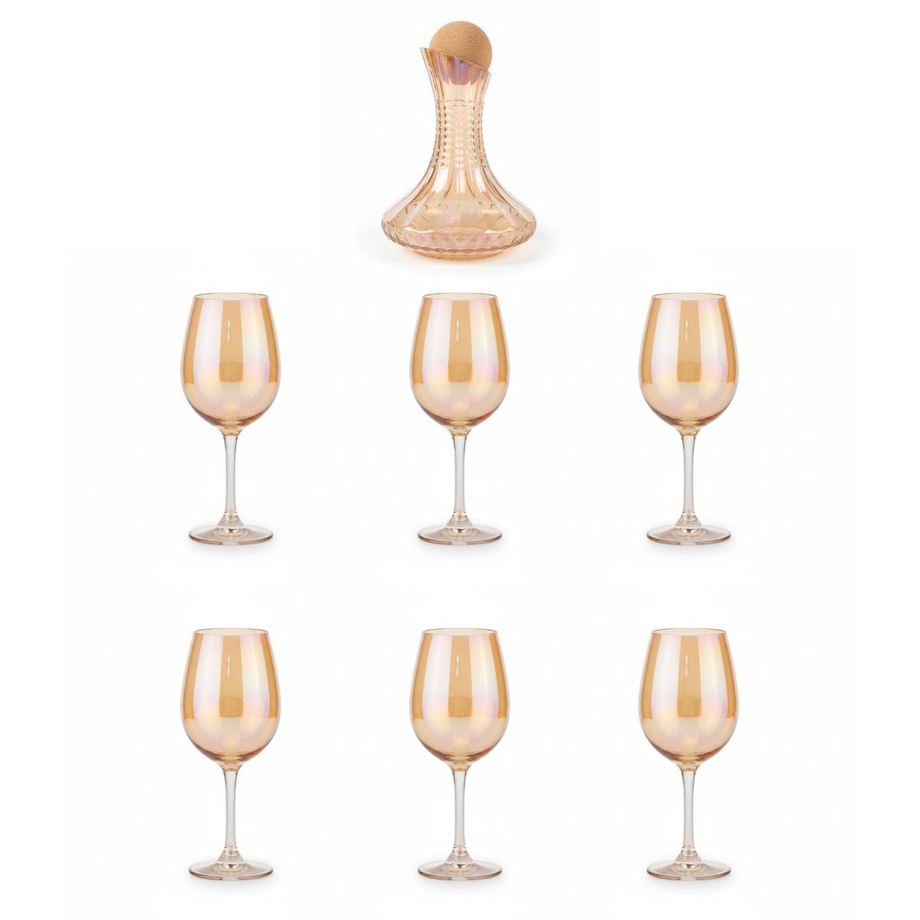 7-Pc Iridescent Wine Decanter Set w/ Amber Gold Lustre. Premium Aerating Carafe & 6 Glasses. Luxury Barware for Weddings & Entertaining. Dailyalley
