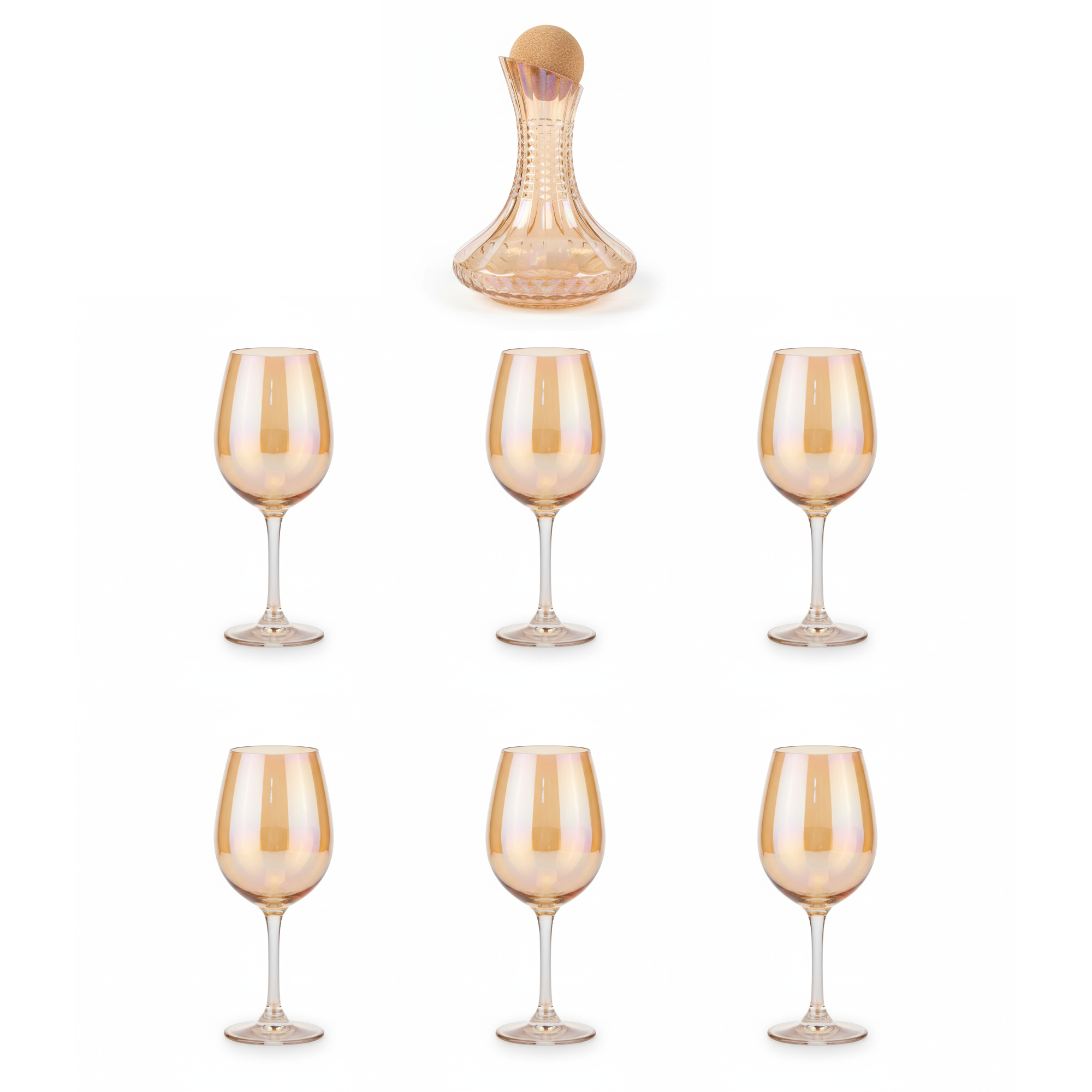 7-Pc Iridescent Wine Decanter Set w/ Amber Gold Lustre. Premium Aerating Carafe & 6 Glasses. Luxury Barware for Weddings & Entertaining. Dailyalley