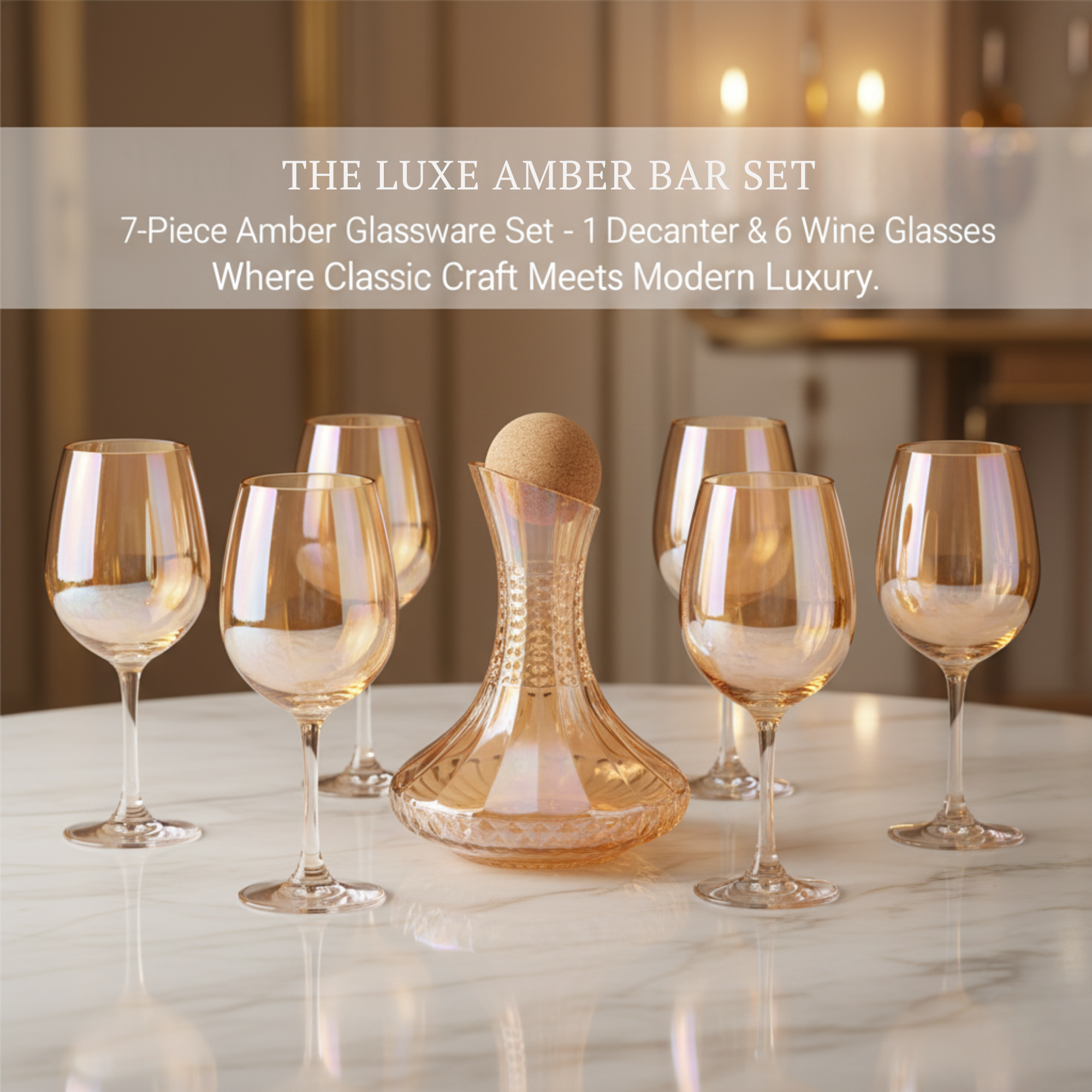 7-Pc Iridescent Wine Decanter Set w/ Amber Gold Lustre. Premium Aerating Carafe & 6 Glasses. Luxury Barware for Weddings & Entertaining. Dailyalley
