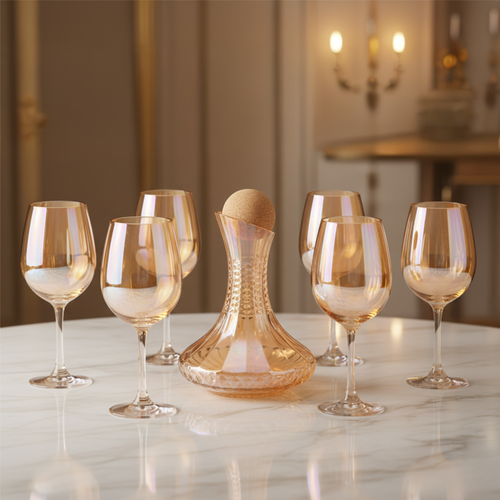 Set of gold wine glasses and a decanter on a marble surface with a blurred background