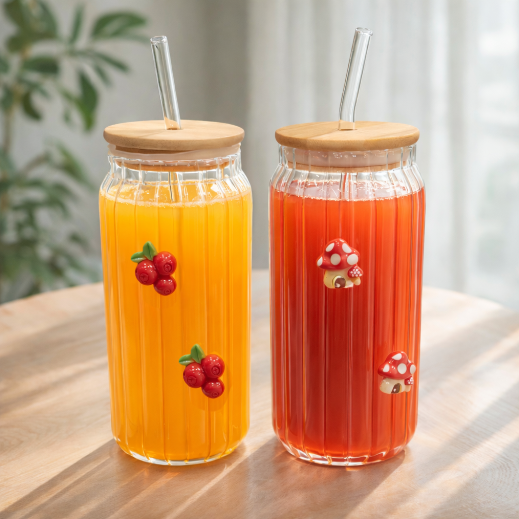 DailyAlley Ribbed Glass Tumbler with Bamboo Lid & Straw (400ml Each)