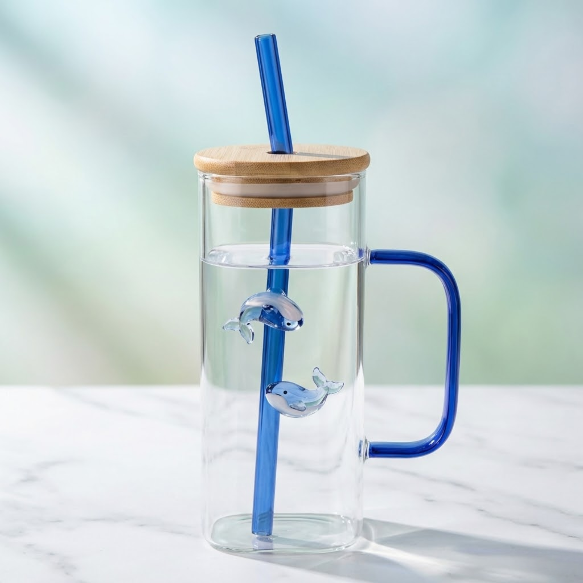 DailyAlley Cute Dolphin Charm Glass Tumbler with Handle & Straw