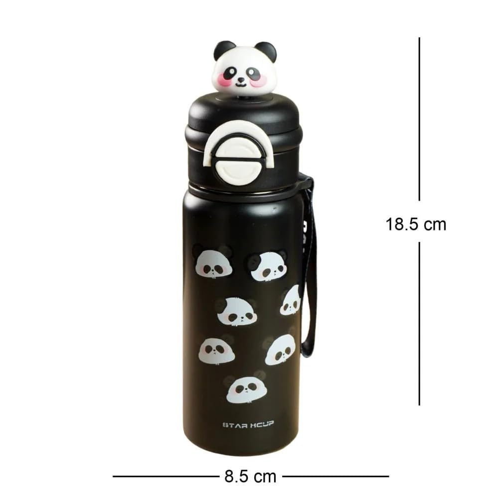 DailyAlley Black Panda Water Bottle - A stainless steel thermos for kids, featuring a cute panda design. Perfect for keeping drinks hot or cold.