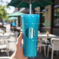 DailyAlley Green Studded Tumbler with Straw (710ml) | Reusable Plastic Travel Mug for Iced Coffee & Cold Drinks | Textured Cup for Teens & Adults Dailyalley