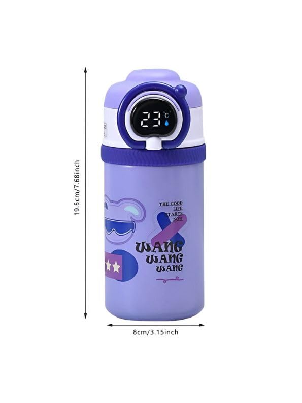 Purple water bottle with digital display and cartoon design, showing measurements on a white background.