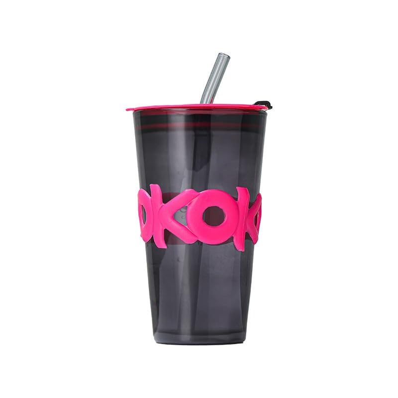 Black tumbler with pink logo and lid on a white background