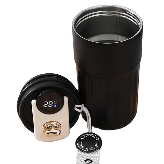 Black insulated travel mug with digital temperature display on a white background