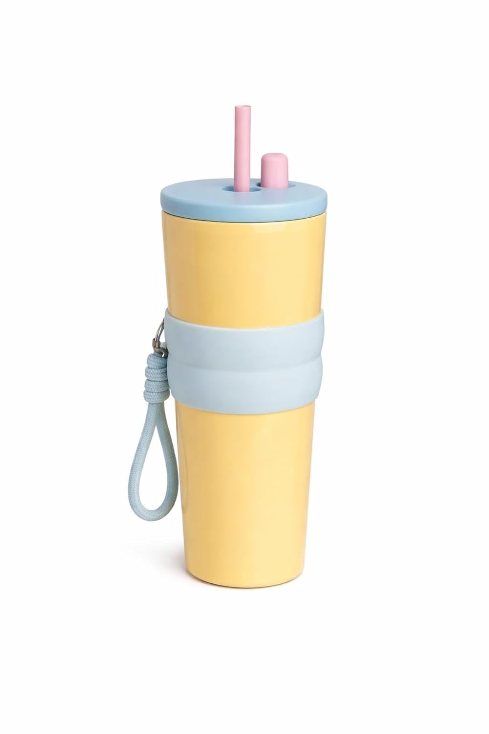 700ml Stainless Steel Kids Water Bottle with Dual Straw & Handle | Leakproof Sipper Cup for School | Spill-Resistant Lid, Easy-Grip Silicone Band | Durable Travel Mug for Water, Milk & Juice (Yellow)