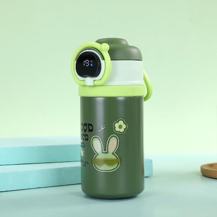 Green thermos bottle with digital display on a light green background