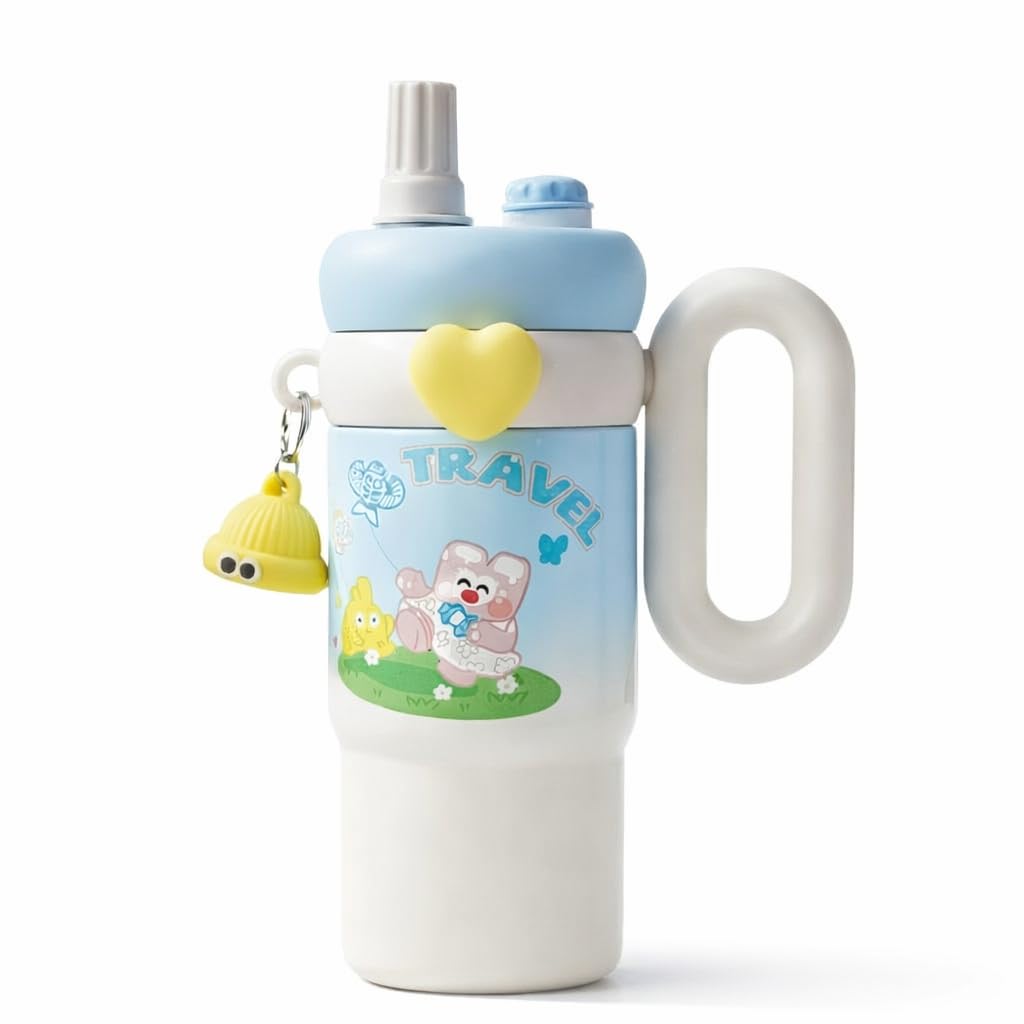 850ml Kids Stainless Steel Water Bottle with Straw Lid & Handle | Leakproof School Sipper for Boys & Girls | Dual Drinking Design, Durable Travel Bottle for Water, Milk & Juice (Blue)