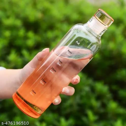 Clear water bottle with measurement markings held by a hand against a green blurred background