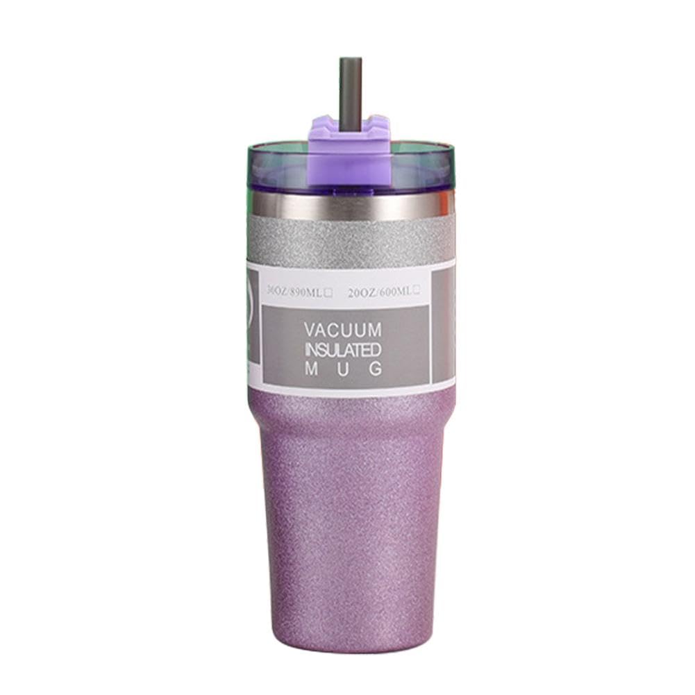 Purple glittery vacuum insulated mug with a straw on a white background