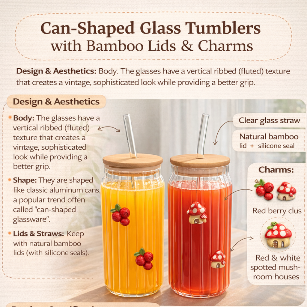 DailyAlley Ribbed Glass Tumbler with Bamboo Lid & Straw (400ml Each)