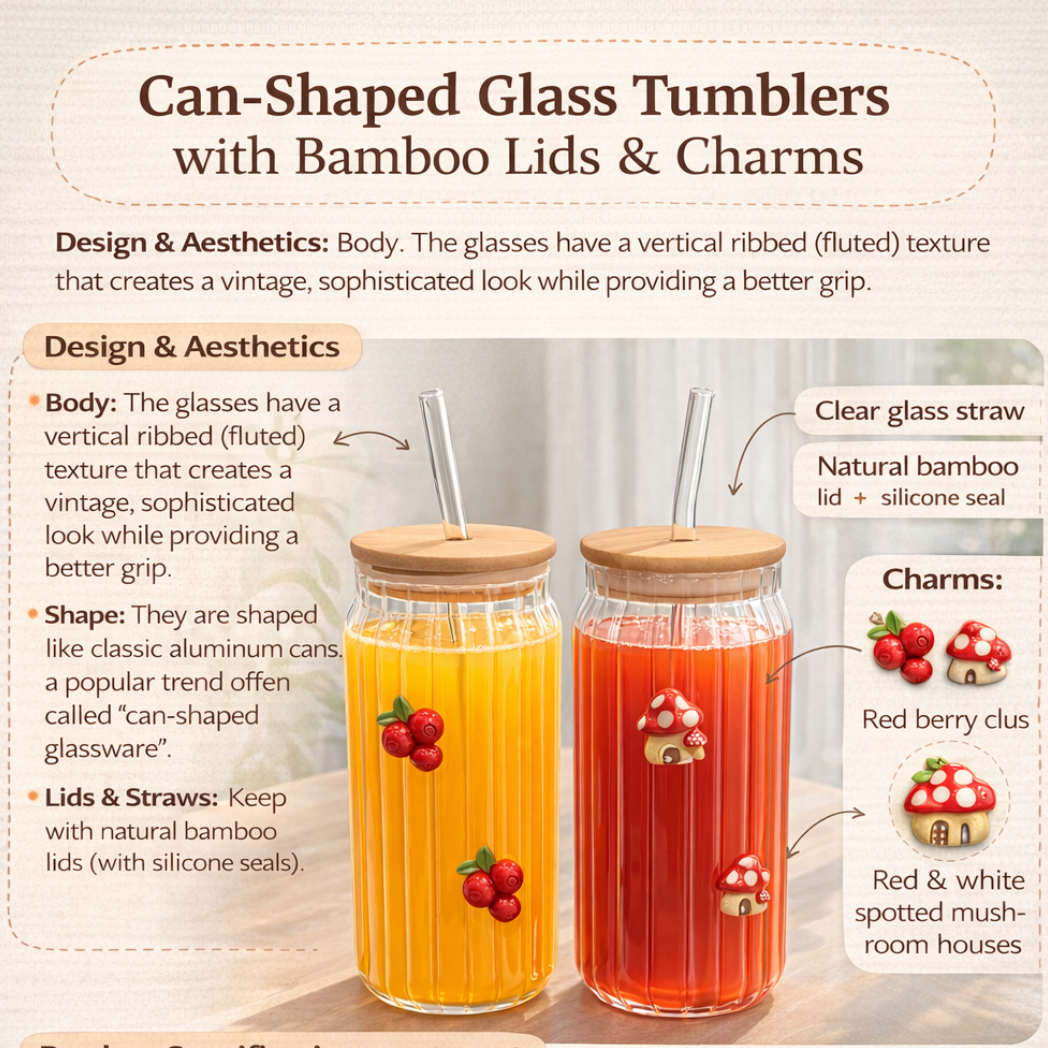 DailyAlley Ribbed Glass Tumbler with Bamboo Lid & Straw (400ml Each)