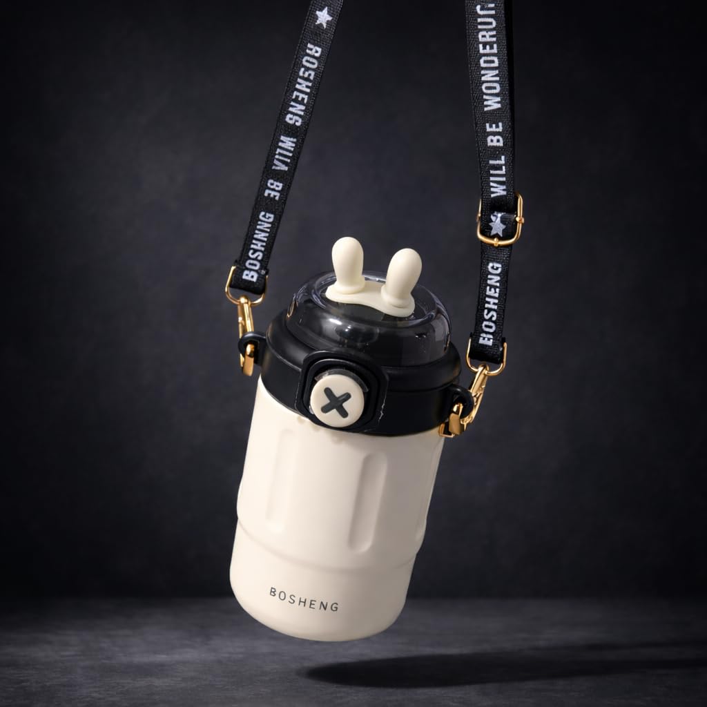 300 ml Kids Water Bottle with Stylish Carry Strap | Leakproof Lock Cap | Cute Cartoon Design | Portable Sipper for School & Travel (White)