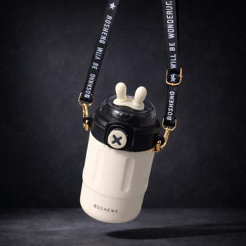 300 ml Kids Water Bottle with Stylish Carry Strap | Leakproof Lock Cap | Cute Cartoon Design | Portable Sipper for School & Travel (White)