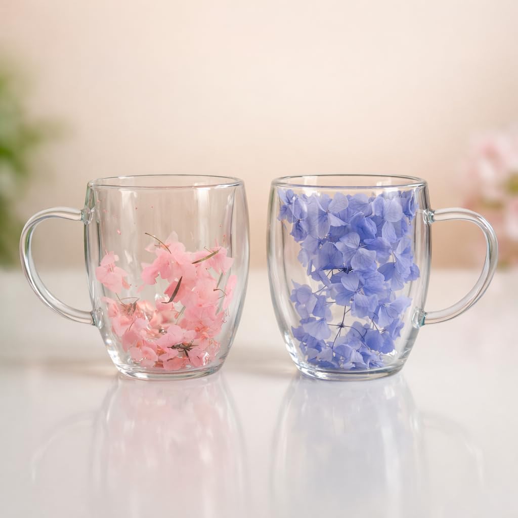 Floral Glass Cup (Pack of 2) | Premium Transparent Double Wall Mug with Flowers (Assorted)