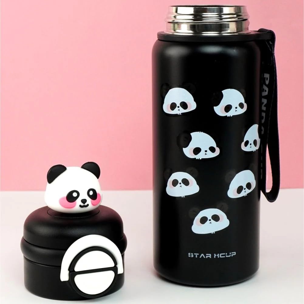 DailyAlley Black Panda Water Bottle - A stainless steel thermos for kids, featuring a cute panda design. Perfect for keeping drinks hot or cold.