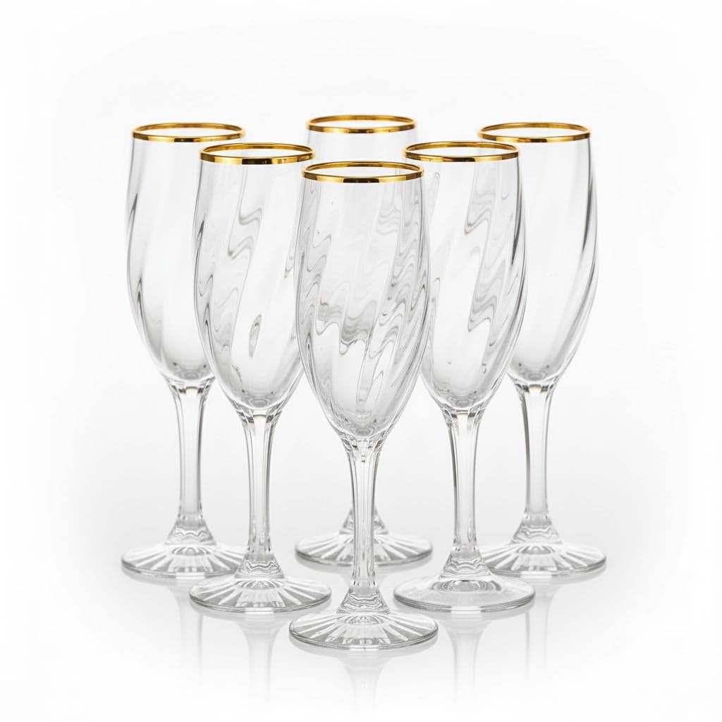 Premium Champagne Flutes Set of 6 (300ml Each) - Luxury Twisted Design Crystal Glasses - Elegant Wine & Whisky Glass Set for Cocktails, Parties, Weddings & Gifting - Transparent