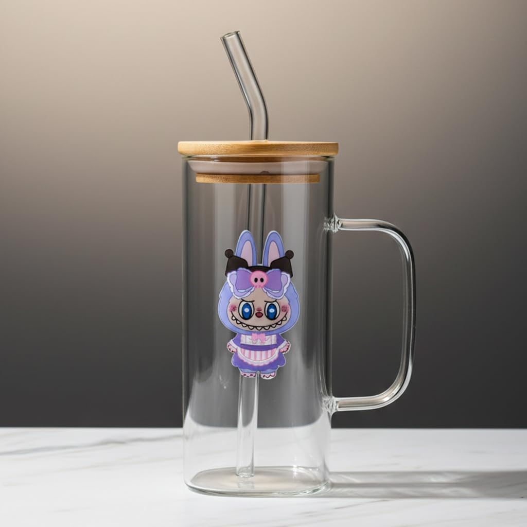 Cute Glass Sipper Tumbler with Handle, Bamboo Lid & Bent Glass Straw | Borosilicate Drinking Mug for Coffee, Milk, Juice & Water (Purple)