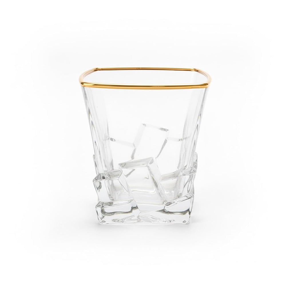 Premium Whisky Glass Set of 6 | 300ml Heavy Base Crystal Design Glasses with Golden Rim | Elegant Square Design Glasses for Whisky, Scotch, Cocktails and Bar Use