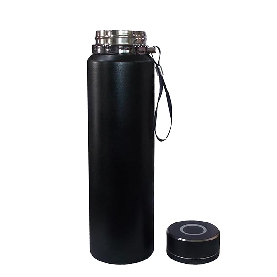 Black insulated bottle with silver cap on a white background