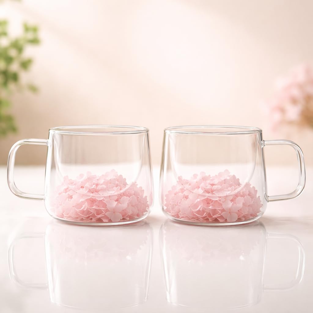 Floral Glass Cup (Pack of 2) | Premium Transparent Double Wall Mug with Flowers (Baby Pink)