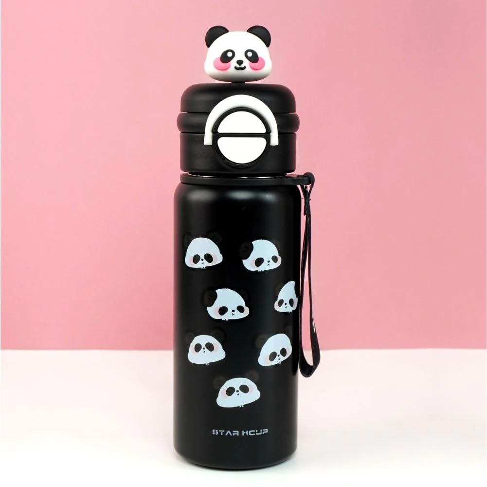 DailyAlley Black Panda Water Bottle - A stainless steel thermos for kids, featuring a cute panda design. Perfect for keeping drinks hot or cold.