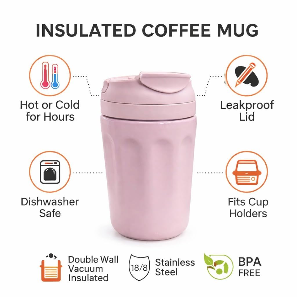 Travel Coffee Mug 360ml – Double Wall Vacuum Insulated Stainless Steel Cup with Lid, Leakproof Thermal Tumbler for Office & Coffee (Pink)